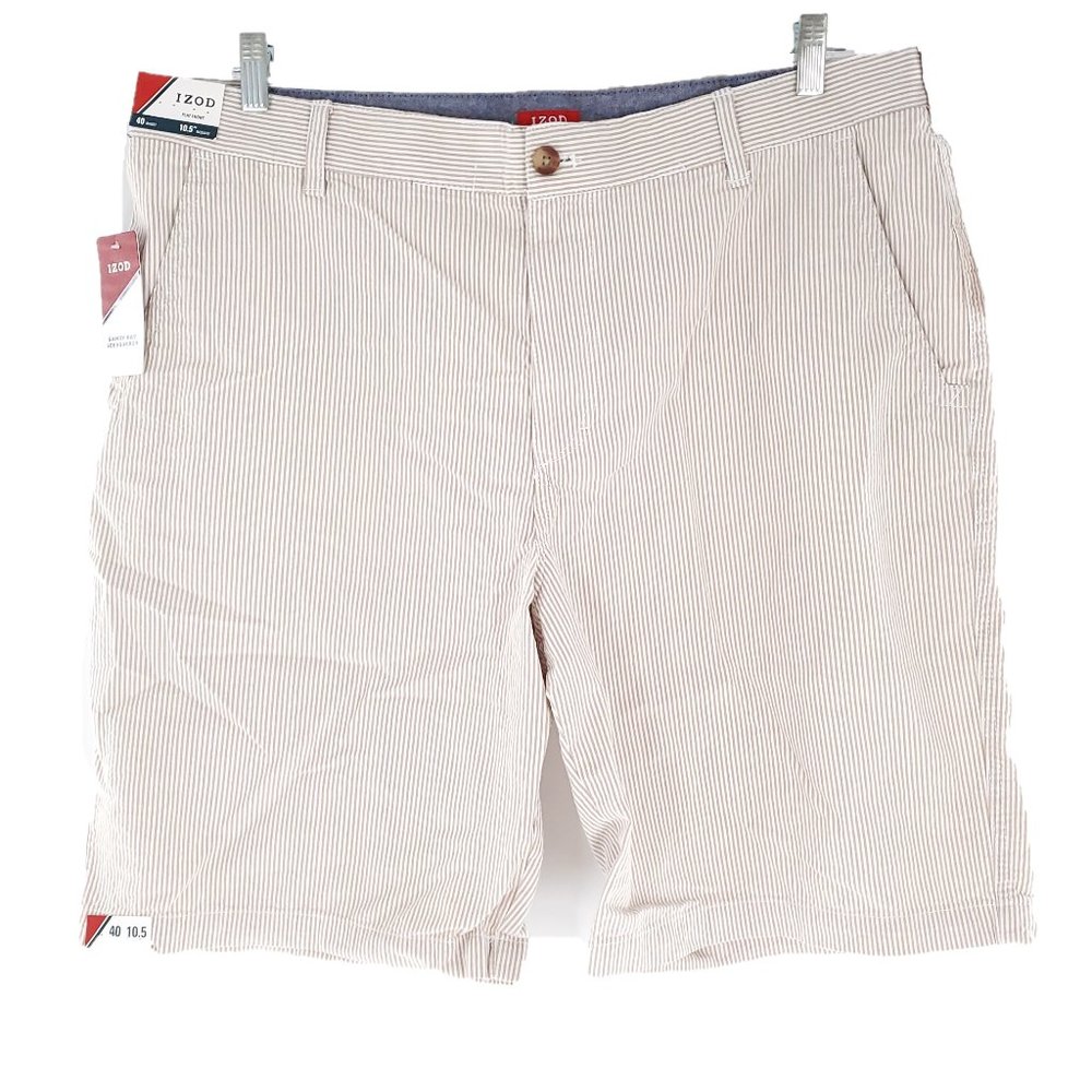 IZOD Men Short Sandy Bay Seersucker Flat Front Striped Tan Ivory Size 40x11 NWT